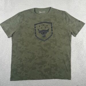 Under Armour Shirt Mens Large Green Camo Project Rock Logo Active Stretch Gym